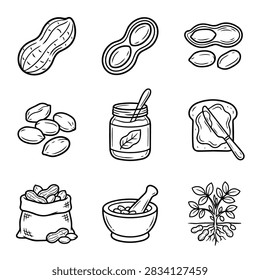 A set of simple line art drawings depicting peanuts, peanut butter, and related items.