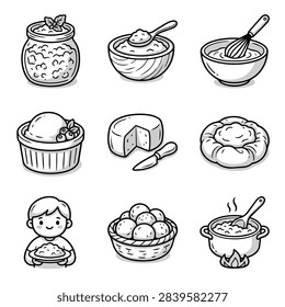 A set of simple line art drawings depicting various food items and cooking preparations.