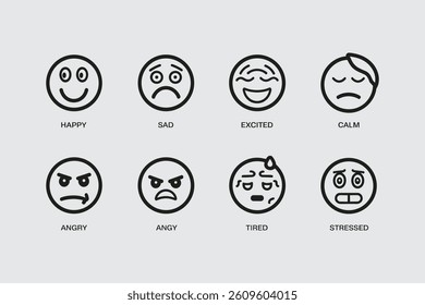 Set Of Simple Line Art Emoticons Expressing Different Feelings And Emotions