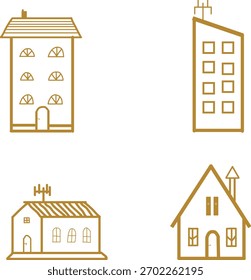 Eine Reihe von einfachen Linien Art House Icons mit verschiedenen Gebäudestilen, einschließlich Wohnungen, moderne Gebäude, Hütten und kleine Häuser.