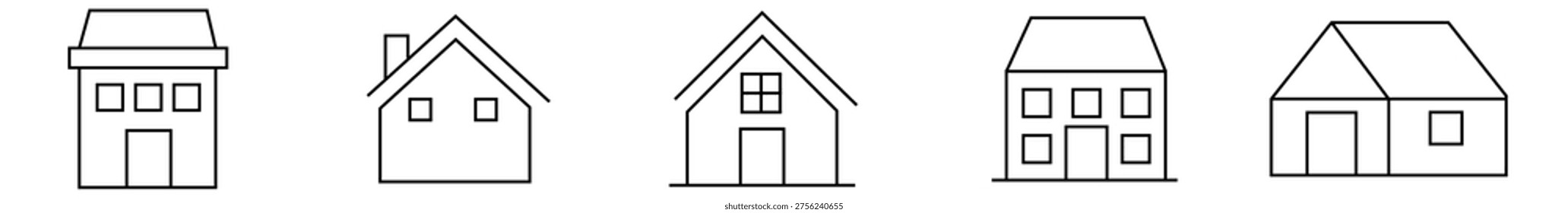 Set of simple line art house icons in various styles and designs