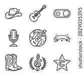 A set of simple line art icons representing country music elements like a cowboy hat, guitar, and boots.