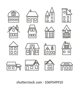 Set of simple line art icons European houses. Residential cottages. The Linear architecture of the building. Design for websites, cards for construction company. Vector illustration.