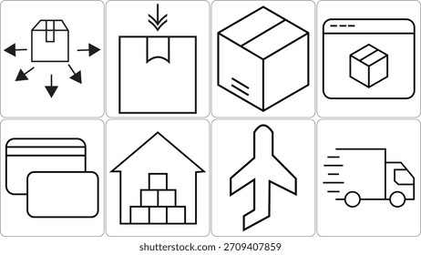 Um conjunto de ícones de arte de linha simples que ilustram vários aspectos da remessa, incluindo pacotes, veículos de entrega, armazenamento e transporte aéreo.