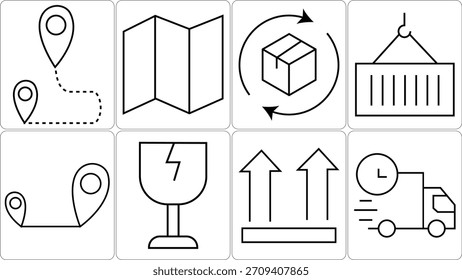 Eine Reihe von einfachen Line-Art-Icons, die verschiedene Aspekte der Logistik darstellen, einschließlich Ortungskarten, Verpackungen und Transportmethoden wie LKWs und Kräne.