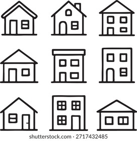 Conjunto de iconos de arte de línea simple que representan varios estilos de casas y edificios residenciales