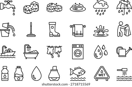 A set of simple line art icons depicting various household items and daily life objects, possibly used for educational or illustrative purposes.