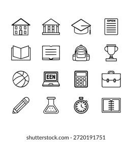 Set of simple line art icons representing various objects and concepts isolated on a transparent background