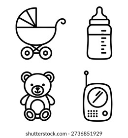 A set of simple line art icons for baby items: a vintage stroller, a baby bottle with measurements, a teddy bear, and a baby monitor.