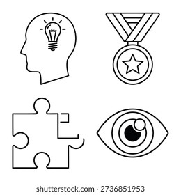 A set of simple line art icons symbolizing concepts of creativity (lightbulb in head), achievement (medal), problem-solving (puzzle piece), and vision (eye).