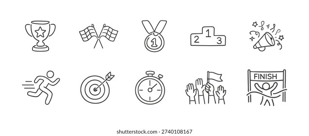 A set of simple line art icons depicting a trophy, checkered flags, medal, podium, megaphone, runner, target, stopwatch, cheering crowd, and finish line