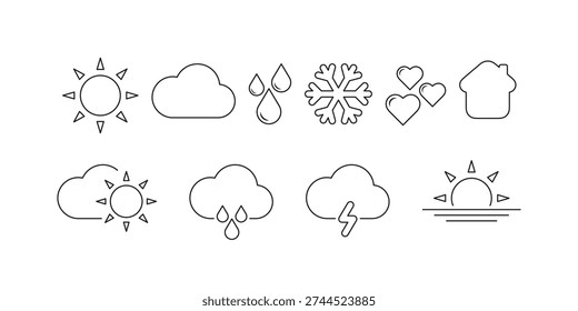 A set of simple line art icons representing various weather conditions and meteorological phenomena