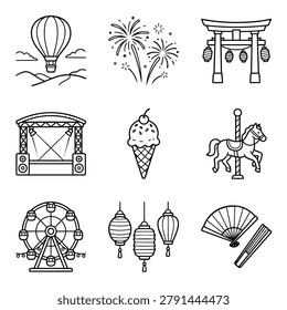 A set of simple line art icons representing various forms of celebration and entertainment.