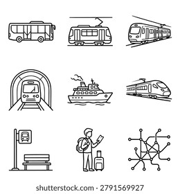 A set of simple line art icons depicting various modes of transportation and travel elements