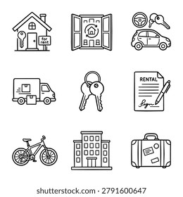 A set of simple line art icons illustrating various aspects of property rental and transportation, including houses, cars, and moving trucks.