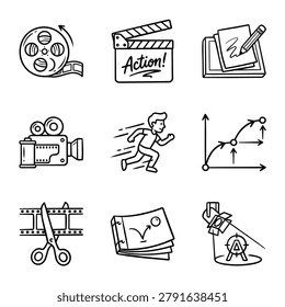 A set of simple line art icons representing elements of filmmaking and video production