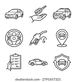 A set of simple line art icons representing various aspects of car ownership and driving.