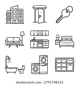 A set of simple line art icons representing various aspects of a home including furniture and building elements.