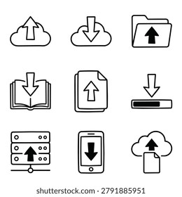 A set of simple line art icons depicting cloud upload download folder book server smartphone and file transfer symbols