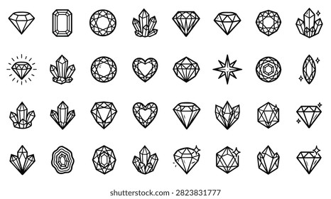 A set of simple line art icons representing different types of gemstones and crystals in various shapes and cuts.