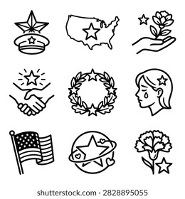 A set of simple line art icons representing American patriotism, including a flag, stars, a wreath, and a flower.
