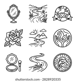 A set of simple line art icons featuring a mirror, a river, the earth, a rose, mountains, hands holding a leaf, makeup, a boat, and a fish.