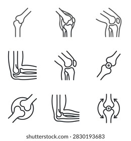 Set of simple line art icons depicting human knee and elbow joint anatomy and articulation.