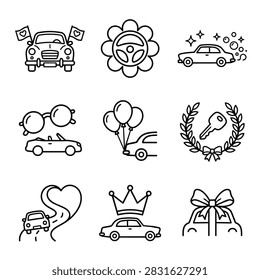 A set of simple line art icons representing various car related concepts and celebrations