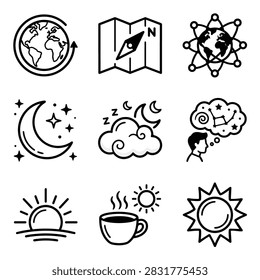 A set of simple line art icons depicting celestial bodies, travel, and concepts like sleep and thought.