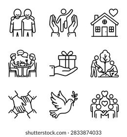 A set of simple line art icons representing friendship, community, and support.