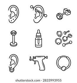 Set of simple line art icons representing ear piercings and jewelry for body modification.