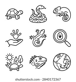 A set of simple line art icons depicting various reptiles and amphibians, including a turtle, snake, chameleon, lizard, and iguana, along with related symbols like a hand with a footprint, a magnifying glass with an egg, and the Earth.