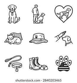 A set of simple line art icons representing military service dogs, pets, and related items like boots and collars.
