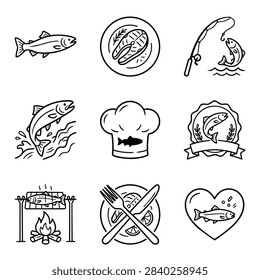 A set of simple line art icons depicting fish, fishing, and seafood dishes.