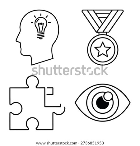 A set of simple line art icons symbolizing concepts of creativity (lightbulb in head), achievement (medal), problem-solving (puzzle piece), and vision (eye).