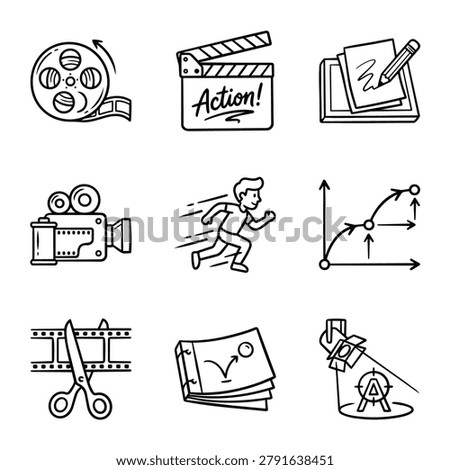 A set of simple line art icons representing elements of filmmaking and video production