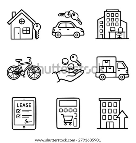 A set of simple line art icons depicting a house, car, office building, bicycle, hand with coins and keys, delivery truck, tablet with lease agreement, calculator, and apartment building with upward .