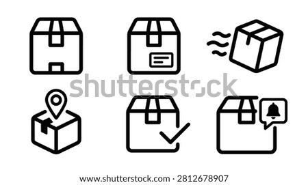 Set of simple line art icons representing various aspects of package delivery, including tracking, speed, and confirmation.
