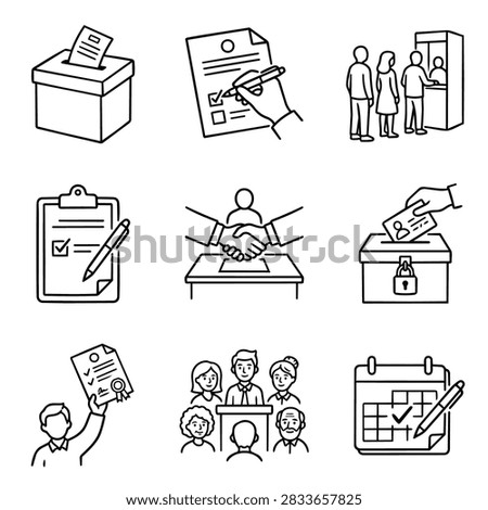 A set of simple line art icons depicting various aspects of elections and voting processes