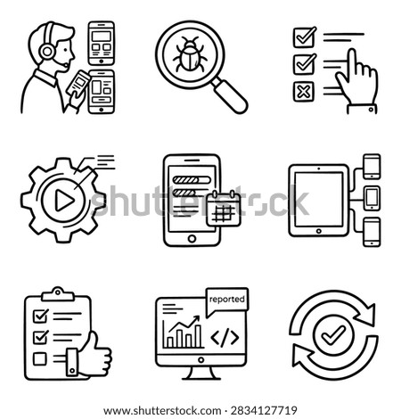 A set of simple line art icons representing various aspects of software development and testing processes.