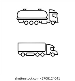 Conjunto de ilustraciones de arte lineal simple que representan un camión cisterna y un camión semirremolque, que representan varias formas de transporte de carga por carretera