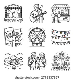A set of simple line art illustrations depicting various elements of a festival or event including music, food, and entertainment