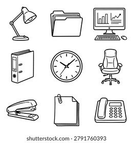 A set of simple line art illustrations of common office items including a desk lamp, folders, computer, binder, clock, chair, stapler, paper, and phone.