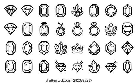 A set of simple line art illustrations featuring various cut gemstones, crystals, a crown, and rings.