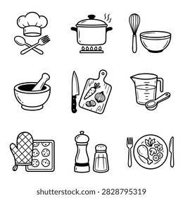 A set of simple line art illustrations depicting various kitchen tools and cooking elements for culinary use.