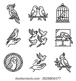 A set of simple line art illustrations and icons featuring various birds in different poses and settings.