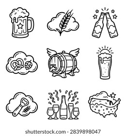A set of simple line art illustrations representing beer and brewing elements like mugs, barrels, bottles, and pretzels.