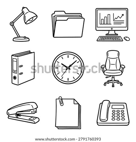 A set of simple line art illustrations of common office items including a desk lamp, folders, computer, binder, clock, chair, stapler, paper, and phone.