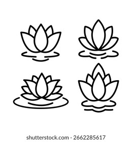 Conjunto de flores de loto de arte de línea simple en Ilustraciones de arte de línea de agua, iconos, logotipos