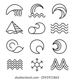 Set of Simple Line Art Ocean Wave Icons